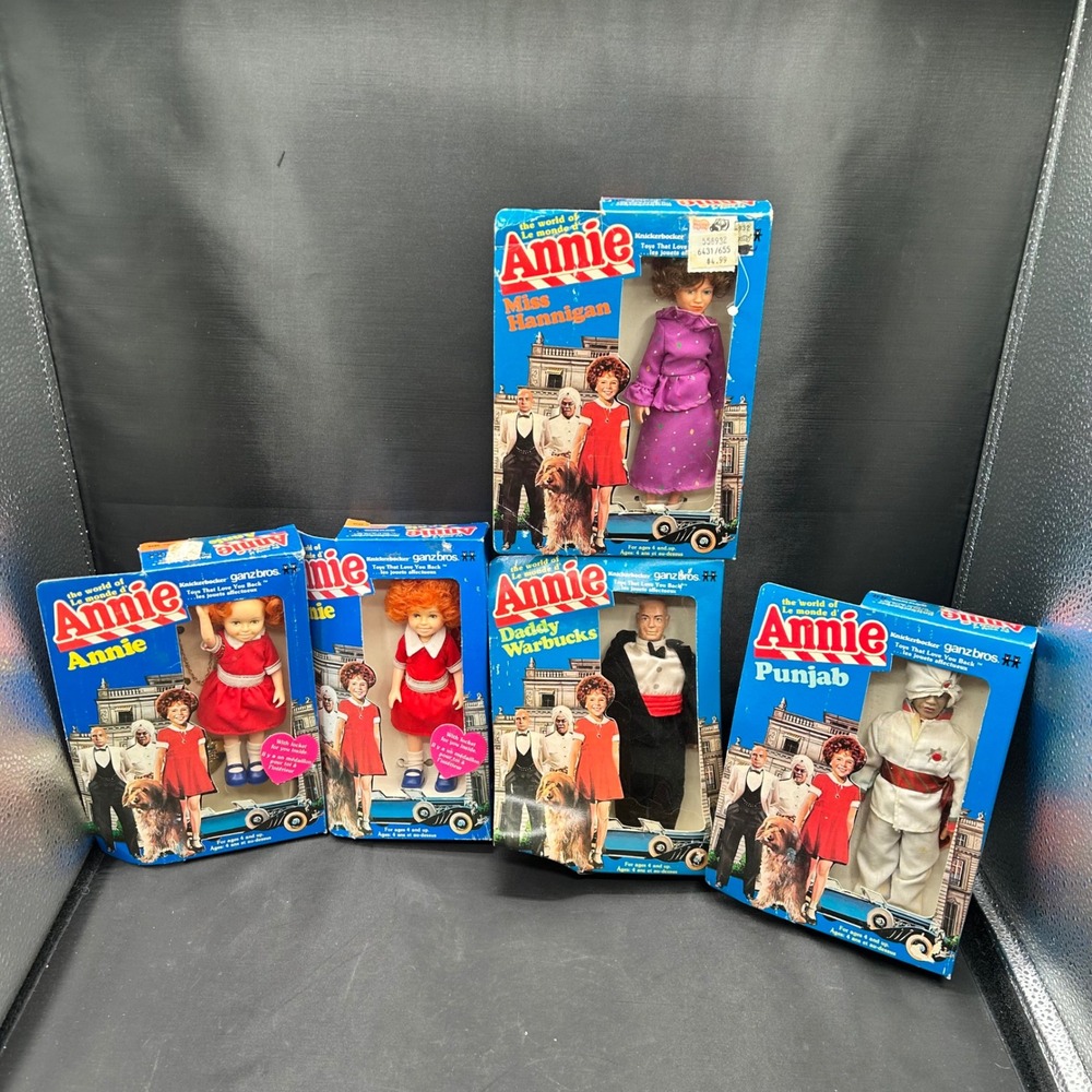 Vintage Set of 5 Knickerbocker Annie Dolls In Box 80s Hannigan, Warbucks, Punjab